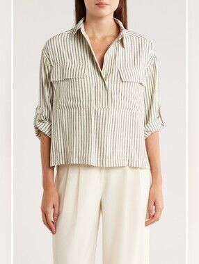 Max Studio Striped Cream And TAN Cropped Utility Popover Blouse Sz Small